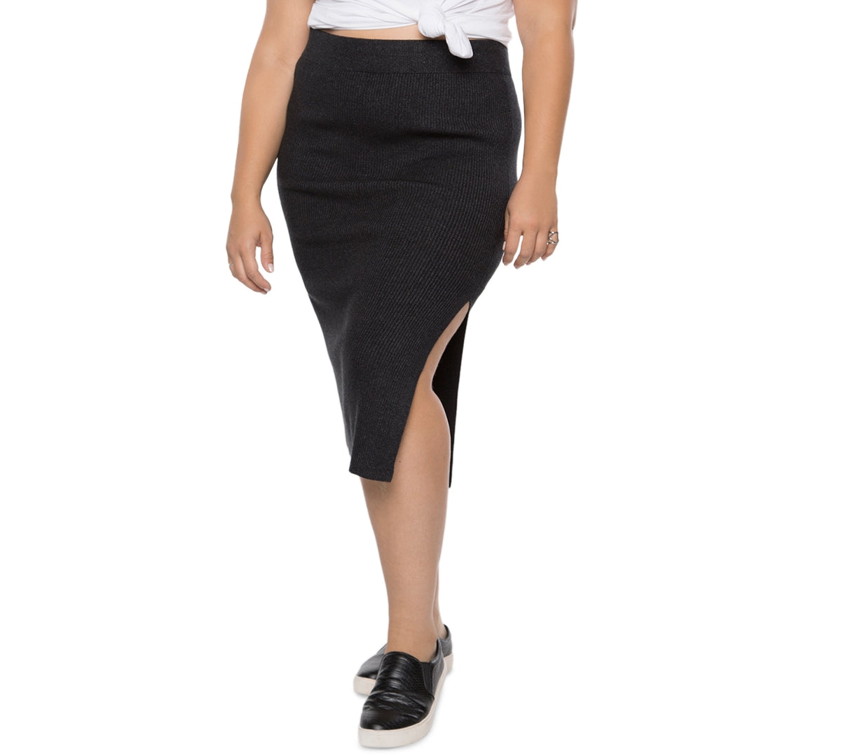 BLACK TAPE Womens Black Ribbed Slitted Heather MIDI Wear to Work Pencil Skirt Plus 3X - Bellso
